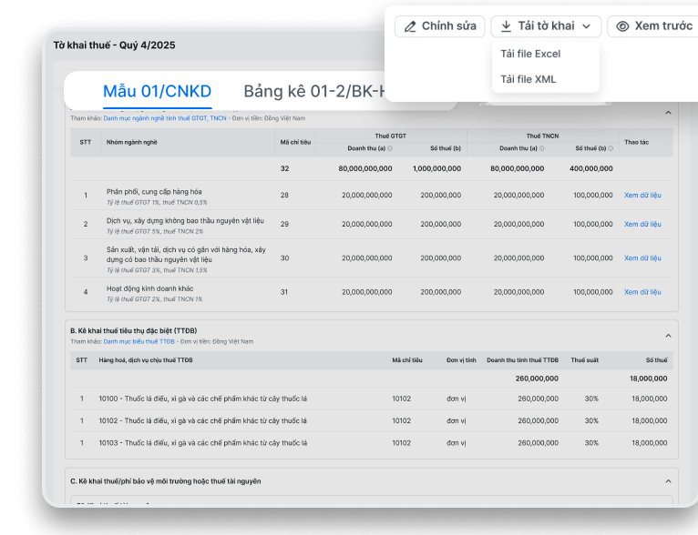 Tùy chọn tờ khai thuế tự động trên KiotViet